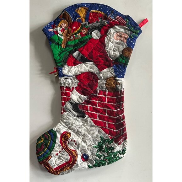 2 Jumbo Santa Claus Quilted Christmas Stocking Bell & Ribbon Oversized Giant Set - Picture 4 of 8